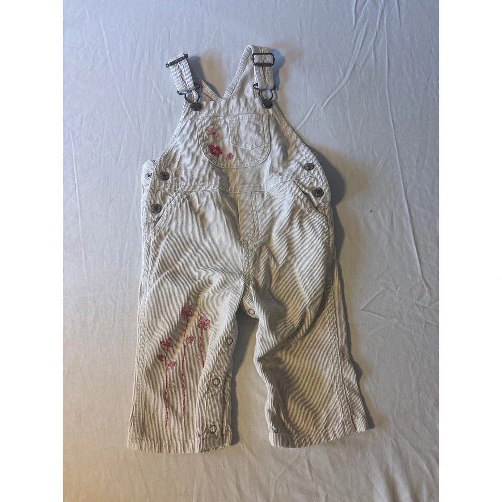 Old Navy Corduroy Overalls Baby Girls‎ 12-18M Cream Floral Excellent Dungarees
